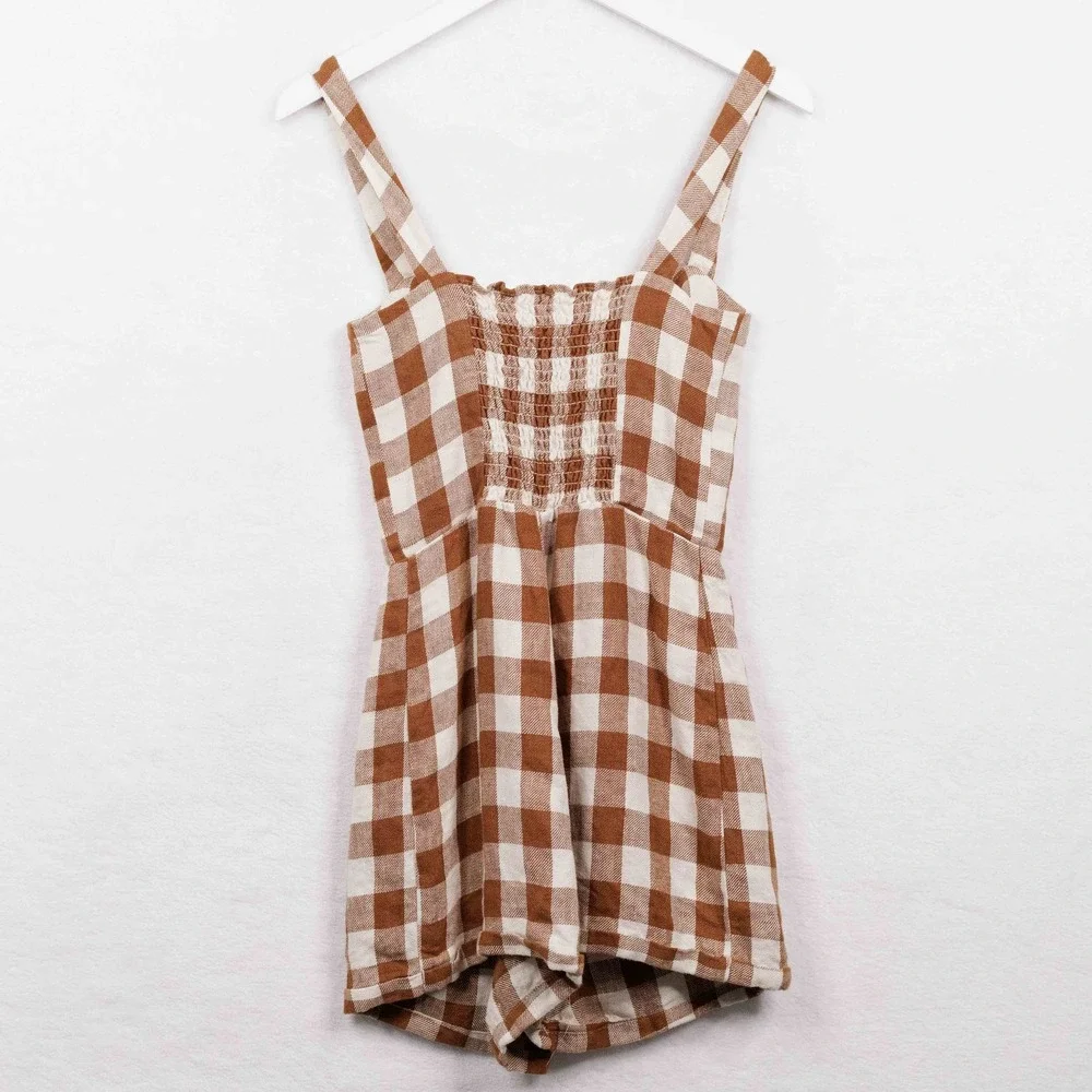 REFORMATION Havana Gingham Linen Button Front Romper Cottagecore Brown Sz 2